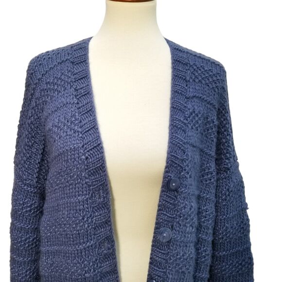 Aran Style Womens Cardigan Sweater Blue Wool Chunky Knit Long Pockets Fits Sz L - Picture 3 of 13